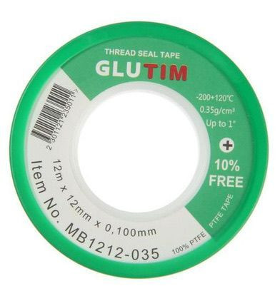 Фум лента GLUTIM 12м х 12мм х 0,1мм для воды (белая), плотность 0,35г/см3