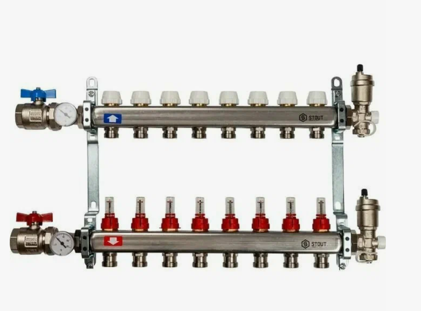 Коллектор ASPIPE на  8 выходов с расходомерами и воздухоотв., нержавейка (AS-K002)