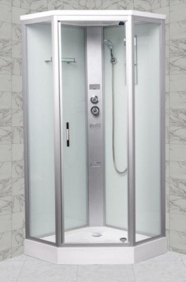 Душевая кабина Aulica ALC-3101W (100х100х215) низкий, 5-ти угольный поддон, пластиковая стойка 3 форс., стекло 5мм, белая