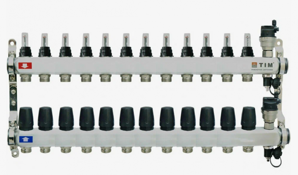 Коллектор TIM d25 КDS5012 квадратная форма, нержавейка d25 с расходомерами на 12 выходов